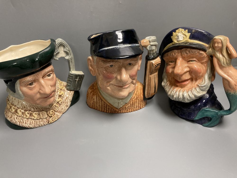 Five Royal Doulton character jugs, a Royal Doulton The Clown character jug and a smaller Winston Churchill character jug